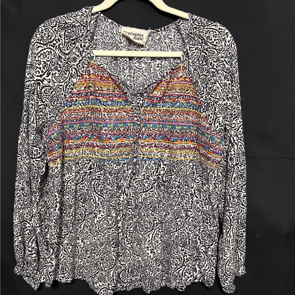 Savanna Jane Top L Black White Boho Embroidered Paisley Witchy Coastal Western